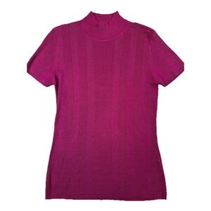 Liz Claiborne 100% Silk Ribbed Mock Neck Top‎ Short Sleeve Magenta Knit Shirt M